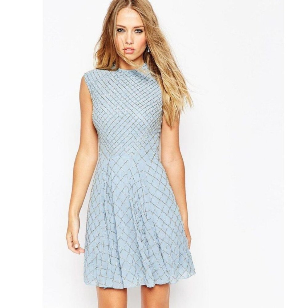 Needle & Thread Circle Mesh Embellished Skater Dress Blue Size 2